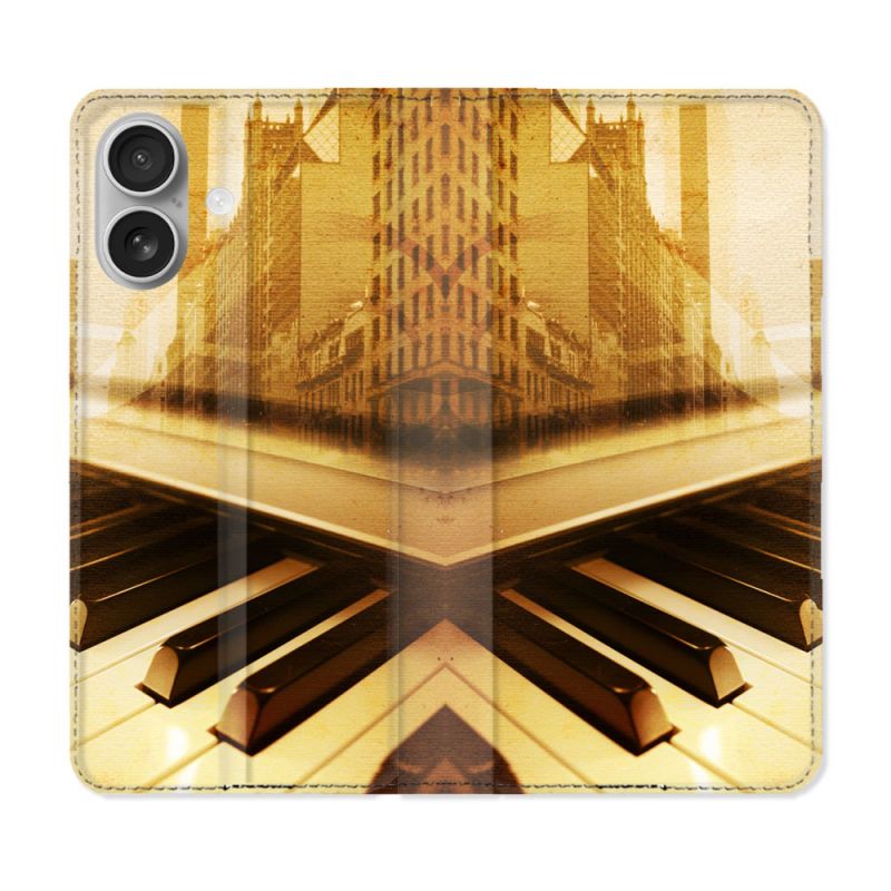 Housse Cuir Portefeuille Pour Iphone 16 Plus Musique Piano Retro