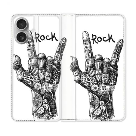 Housse Cuir Portefeuille Pour Iphone 16 Plus Musique Rock Main
