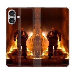 Housse Cuir Portefeuille Pour Iphone 16 Plus Pompier Escalier