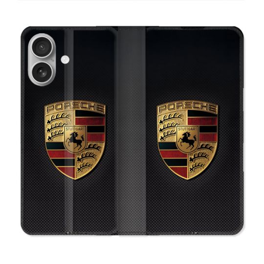 Housse Cuir Portefeuille Pour Iphone 16 Plus Porsche Carbone