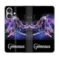 Housse Cuir Portefeuille Pour Iphone 16 Plus Signe Zodiaque 2 Gémeaux
