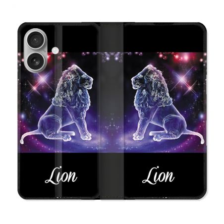 Housse Cuir Portefeuille Pour Iphone 16 Plus Signe Zodiaque 2 Lion