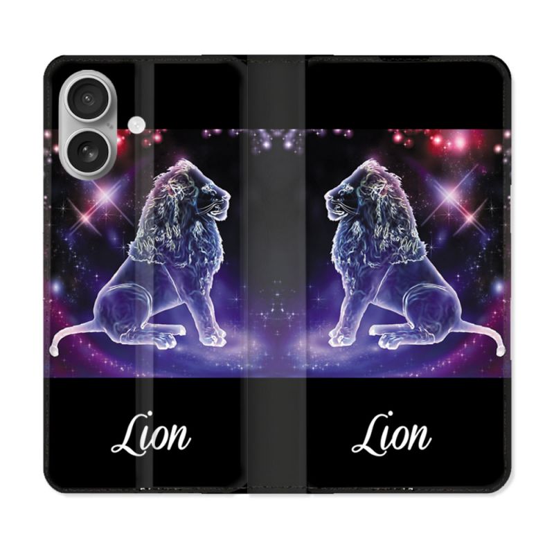 Housse Cuir Portefeuille Pour Iphone 16 Plus Signe Zodiaque 2 Lion