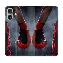 Housse Cuir Portefeuille Pour Iphone 16 Plus Sport Boxe Gant Rouge