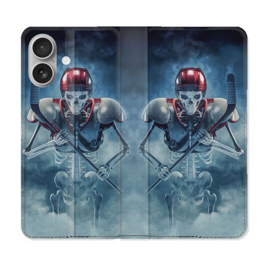 Housse Cuir Portefeuille Pour Iphone 16 Plus Sport Hockey Squelette