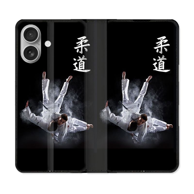 Housse Cuir Portefeuille Pour Iphone 16 Plus Sport Judo Noir