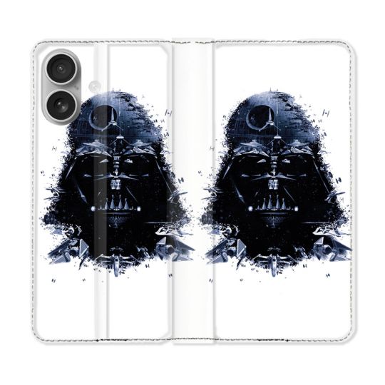 Housse Cuir Portefeuille Pour Iphone 16 Plus Star Wars - Dark Vador Blanc