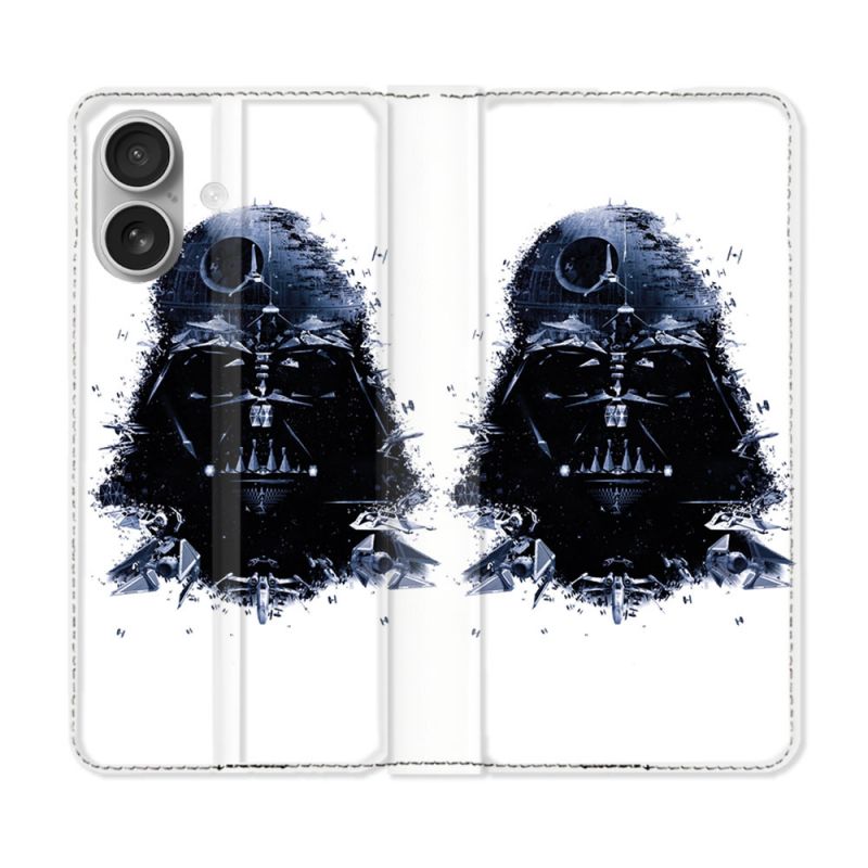 Housse Cuir Portefeuille Pour Iphone 16 Plus Star Wars - Dark Vador Blanc
