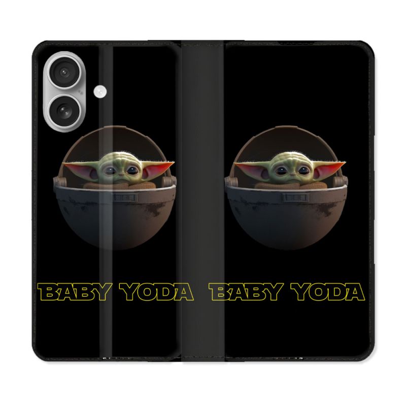 Housse Cuir Portefeuille Pour Iphone 16 Plus Star Wars - Yoda bebe noir