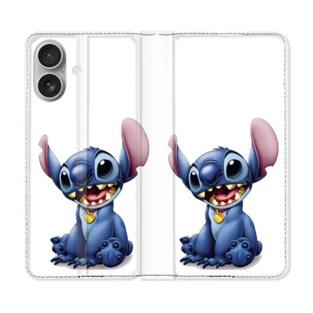 Housse Cuir Portefeuille Pour Iphone 16 Plus Stitch Blanc