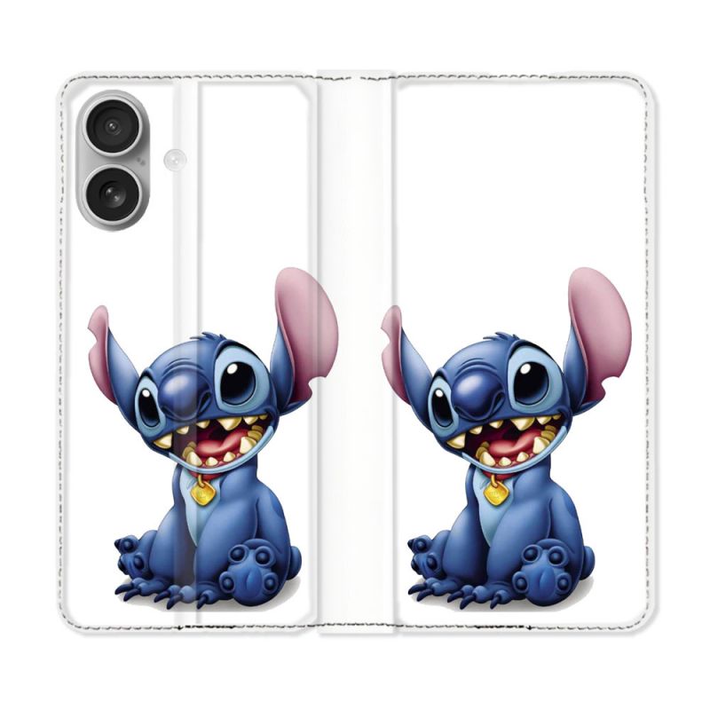 Housse Cuir Portefeuille Pour Iphone 16 Plus Stitch Blanc