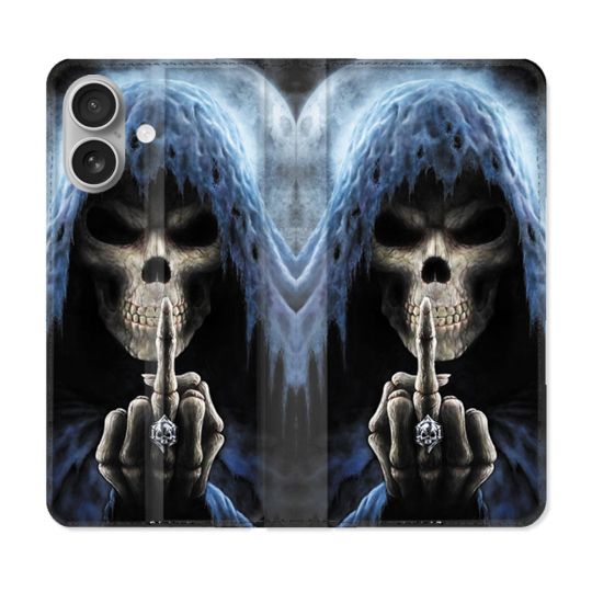 Housse Cuir Portefeuille Pour Iphone 16 Plus Tete de Mort Doigt