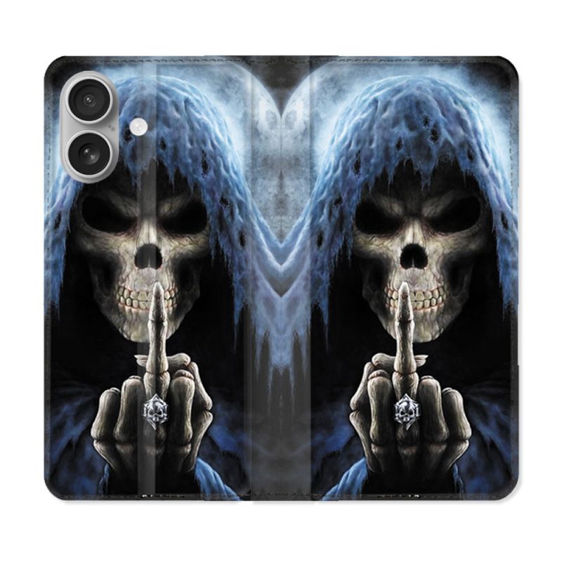 Housse Cuir Portefeuille Pour Iphone 16 Plus Tete de Mort Doigt