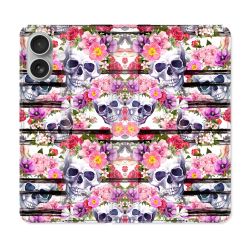Housse Cuir Portefeuille Pour Iphone 16 Plus Tete de Mort Pattern