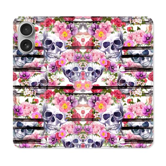 Housse Cuir Portefeuille Pour Iphone 16 Plus Tete de Mort Pattern