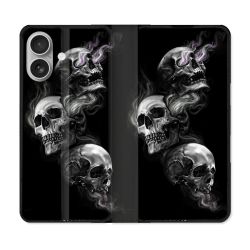 Housse Cuir Portefeuille Pour Iphone 16 Plus Tete de Mort Triple