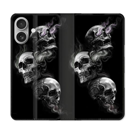 Housse Cuir Portefeuille Pour Iphone 16 Plus Tete de Mort Triple