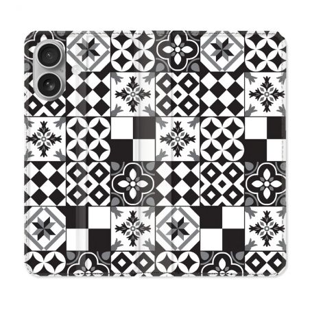 Housse Cuir Portefeuille Pour Iphone 16 Plus Texture Carreau Ciment Noir
