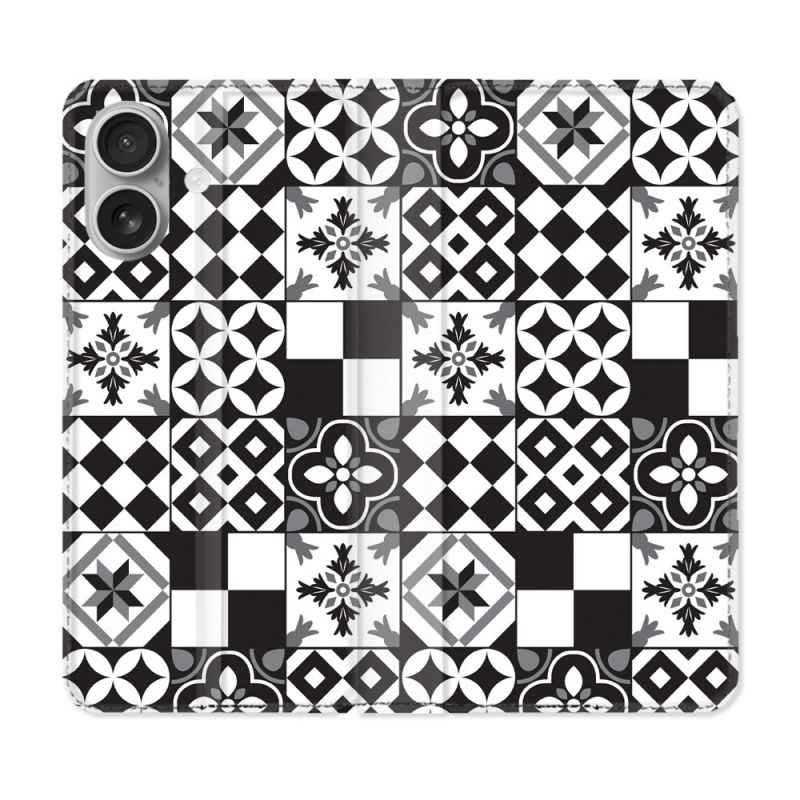 Housse Cuir Portefeuille Pour Iphone 16 Plus Texture Carreau Ciment Noir