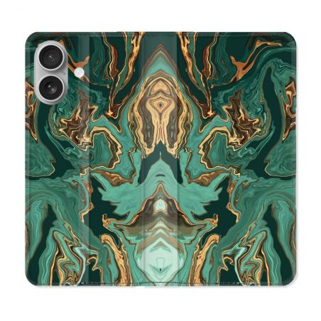 Housse Cuir Portefeuille Pour Iphone 16 Plus Texture Marbre Vert