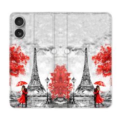 Housse Cuir Portefeuille Pour Iphone 16 Plus Voyage France Paris Rouge