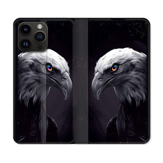 Housse Cuir Portefeuille Pour Iphone 16 Pro Animal Aigle Royal Noir