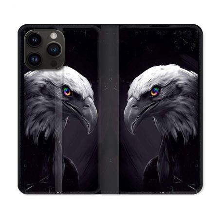 Housse Cuir Portefeuille Pour Iphone 16 Pro Animal Aigle Royal Noir