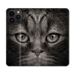 Housse Cuir Portefeuille Pour Iphone 16 Pro Animal Chat Gris