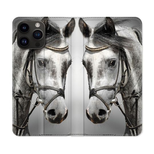 Housse Cuir Portefeuille Pour Iphone 16 Pro Animal Cheval Blanc