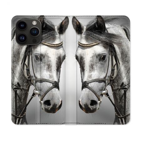 Housse Cuir Portefeuille Pour Iphone 16 Pro Animal Cheval Blanc