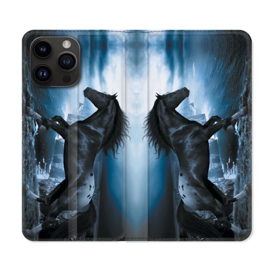 Housse Cuir Portefeuille Pour Iphone 16 Pro Animal Cheval Noir