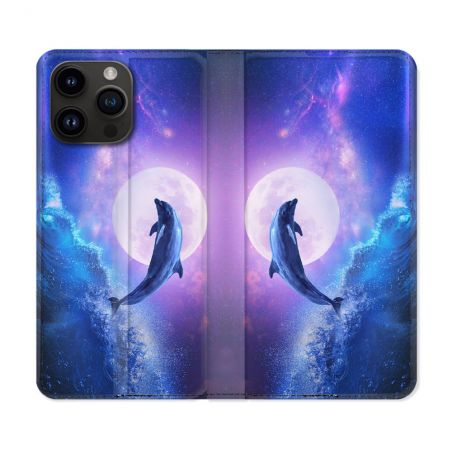 Housse Cuir Portefeuille Pour Iphone 16 Pro Animal Dauphin Vague
