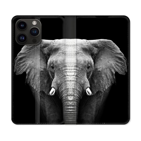 Housse Cuir Portefeuille Pour Iphone 16 Pro Animal Elephant Noir