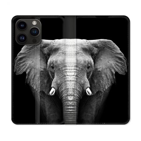 Housse Cuir Portefeuille Pour Iphone 16 Pro Animal Elephant Noir