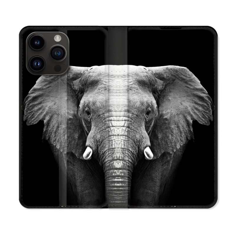 Housse Cuir Portefeuille Pour Iphone 16 Pro Animal Elephant Noir