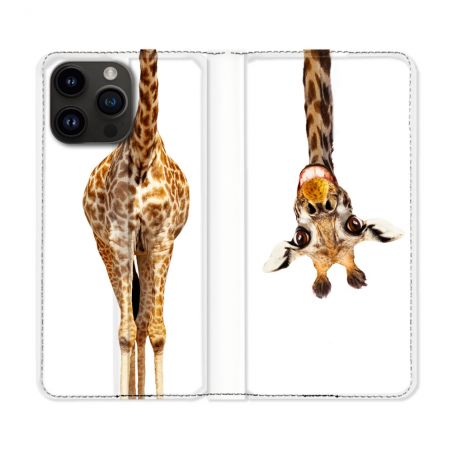 Housse Cuir Portefeuille Pour Iphone 16 Pro Animal Girafe Blanche