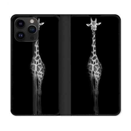 Housse Cuir Portefeuille Pour Iphone 16 Pro Animal Girafe Savane
