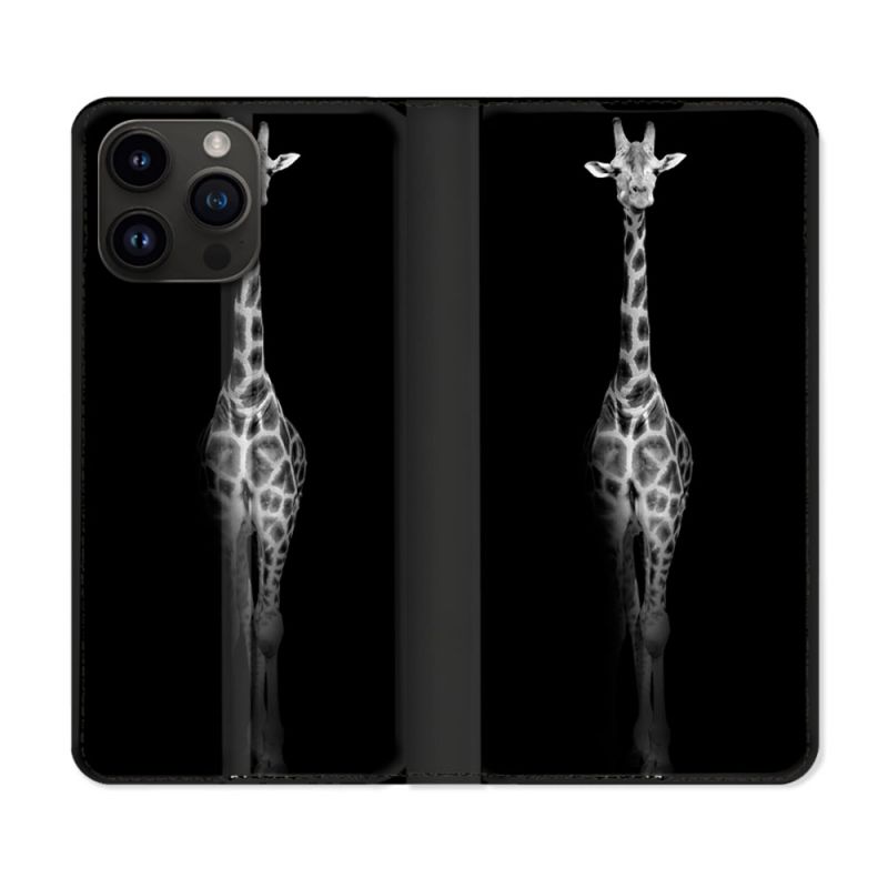 Housse Cuir Portefeuille Pour Iphone 16 Pro Animal Girafe Savane
