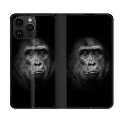 Housse Cuir Portefeuille Pour Iphone 16 Pro Animal Gorille Noir