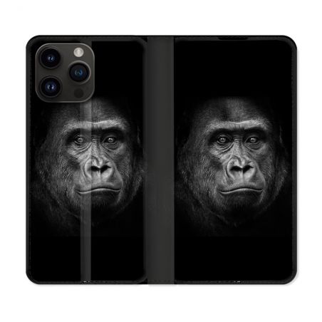 Housse Cuir Portefeuille Pour Iphone 16 Pro Animal Gorille Noir