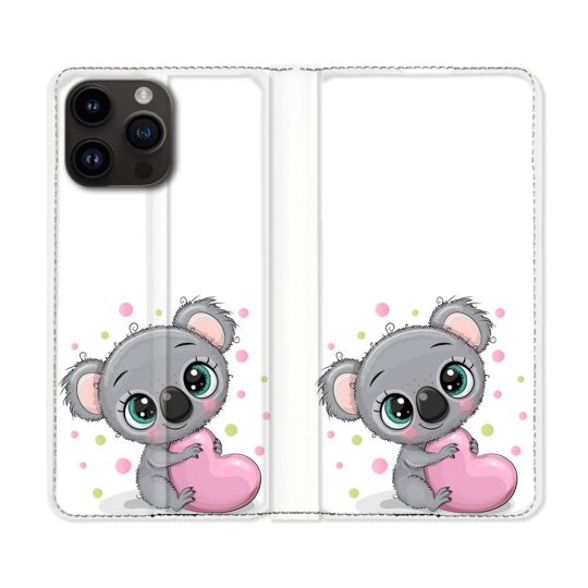 Housse Cuir Portefeuille Pour Iphone 16 Pro Animal Koala Cœur
