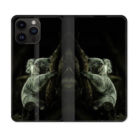 Housse Cuir Portefeuille Pour Iphone 16 Pro Animal Koala Noir
