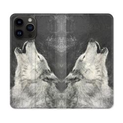 Housse Cuir Portefeuille Pour Iphone 16 Pro Animal Loup Hurlement