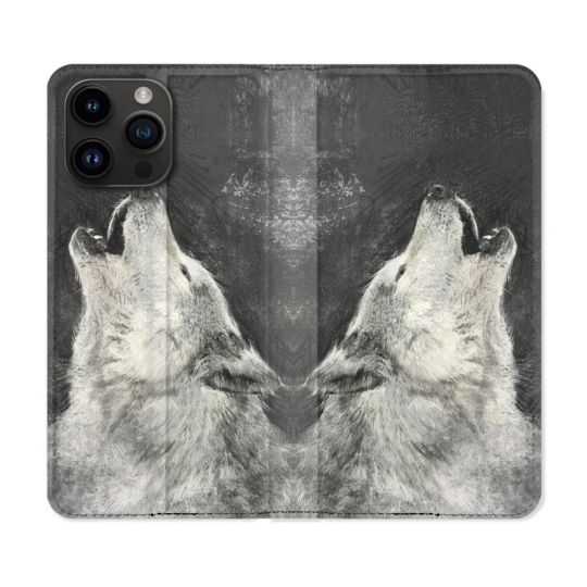 Housse Cuir Portefeuille Pour Iphone 16 Pro Animal Loup Hurlement
