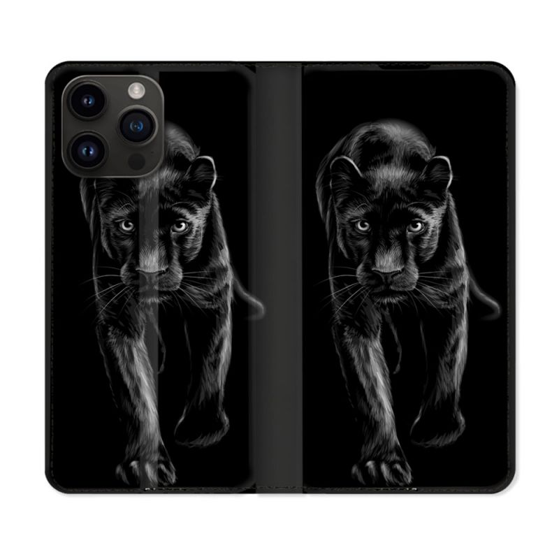Housse Cuir Portefeuille Pour Iphone 16 Pro Animal Panthère Noire