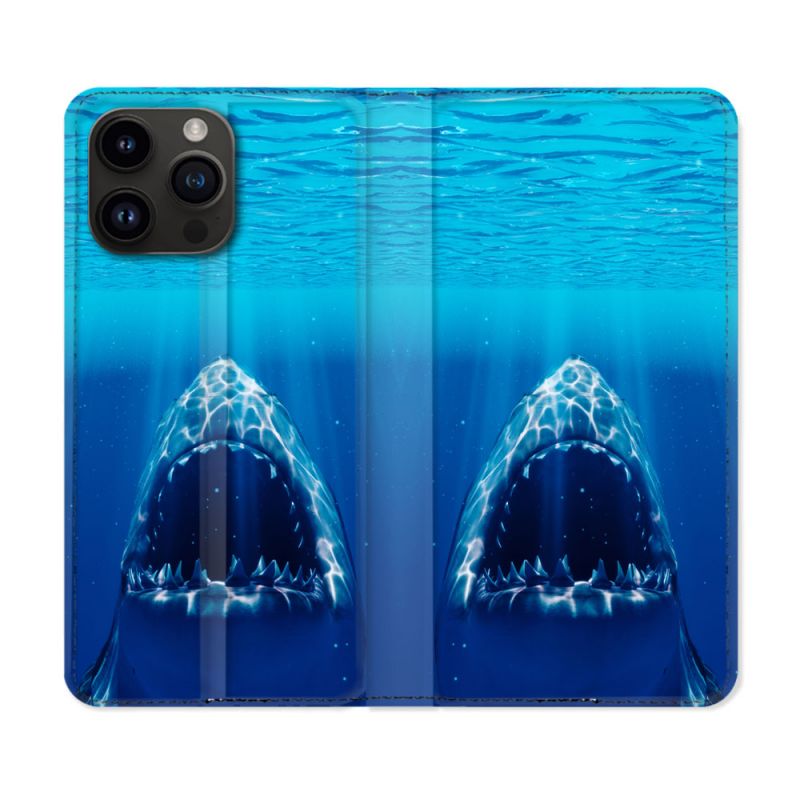 Housse Cuir Portefeuille Pour Iphone 16 Pro Animal Requin Dent