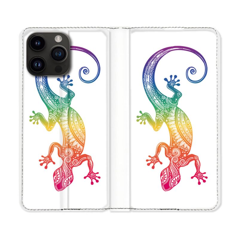 Housse Cuir Portefeuille Pour Iphone 16 Pro Animal Salamandre Color