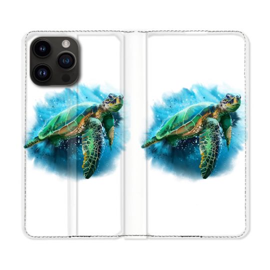 Housse Cuir Portefeuille Pour Iphone 16 Pro Animal Tortue Blanche multicolore