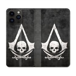 Housse Cuir Portefeuille Pour Iphone 16 Pro Assassin Creed Tete Mort