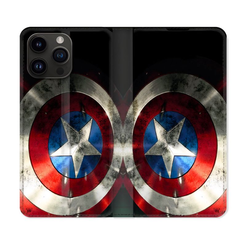 Housse Cuir Portefeuille Pour Iphone 16 Pro Captain America Bouclier